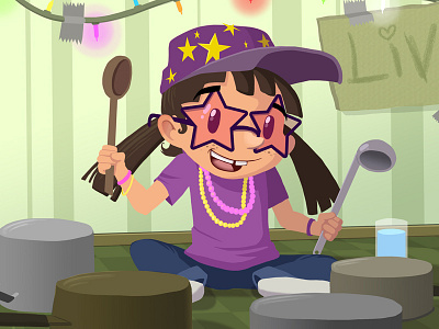 Drummer Girl celebrity child concept drummer drums girl hat illustration little music pans pigtails pots purple spoons star