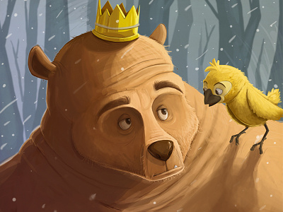 Consulting the Bear King animal bear bird fuzzy illustration king snow woods