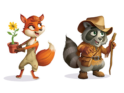 MHE Character Designs animals character design characters fox illustration raccoon