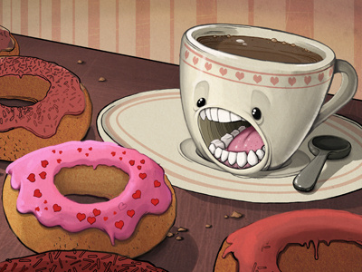 When Coffee Met Donut WIP breakfast coffee crumbs cup donut drawing hearts illustration love mug pink plate spoon sprinkles