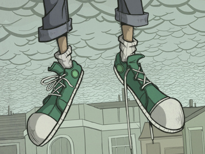 Shoes buildings clouds converse float fly gray green illustration jeans overcast person rain shoes sky skyline