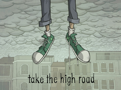 take the high road buildings clouds converse float fly gray green illustration jeans overcast person rain shoes sky skyline