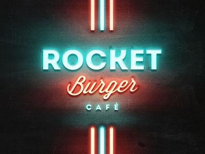 Rocket Burger Cafe brand burger cafe diner hamburger logo neon retro rocket vintage