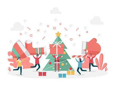 Enjoy with Santa Claus character christmas christmas tree holiday people presents santa claus vector winter