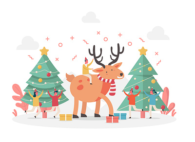 Fun Time and Reindeer character christmas christmas tree flat gift boxes holiday illustration people presents reindeer vector winter