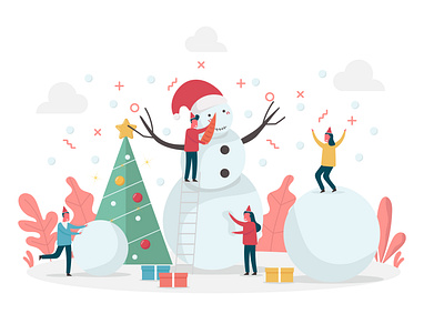 Snowman Decorations character christmas christmas tree flat gift boxes holiday illustration people snow snowman vector winter