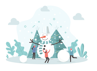 Playing with a Snowman character christmas christmas tree flat holiday illustration people snow snowman vector winter