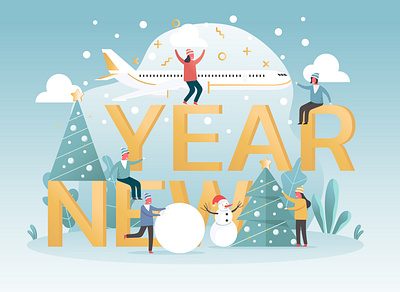 Happy New Year character christmas christmas tree happy new year holiday illustration people plane snow snowman vector winter