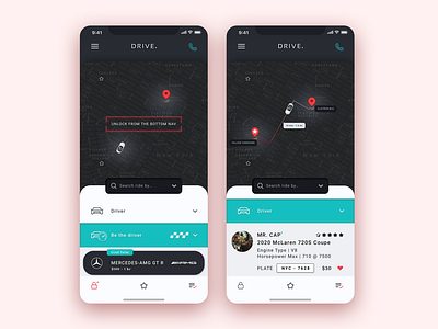 UI Mobile App design for Drive. Supercar rental service