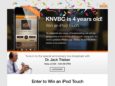 Landing Page for KNVBC 4th Anniversary anniversary birthday landing page orange radio