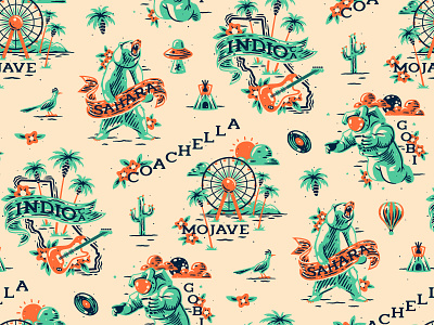 Coachella pattern astronaut bear cactus coachella festival illustration music palm pattern texture ufo vector