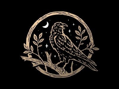 Crow bird crow gold illustration night stars tequila tree vector