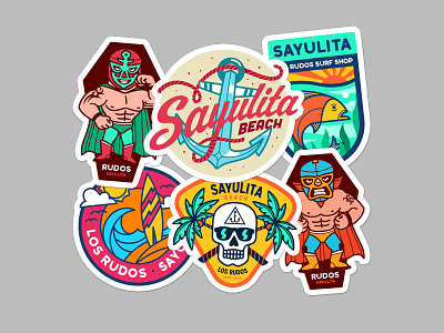 Sayulita Stickers anchor beach illustration lucha mexico palm sayulita sea shop skull surf vector