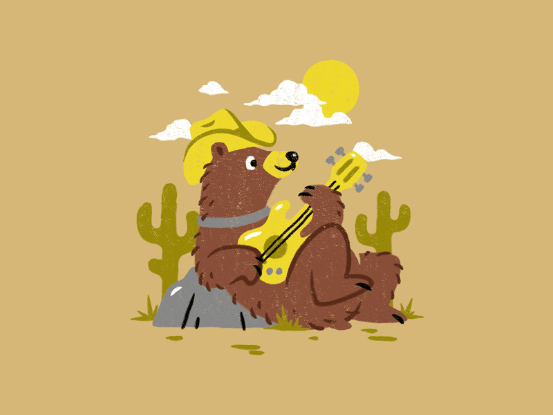 Playing Guitar animal hat cactus rodeo cowboy music guitar desert country bear brush illustration