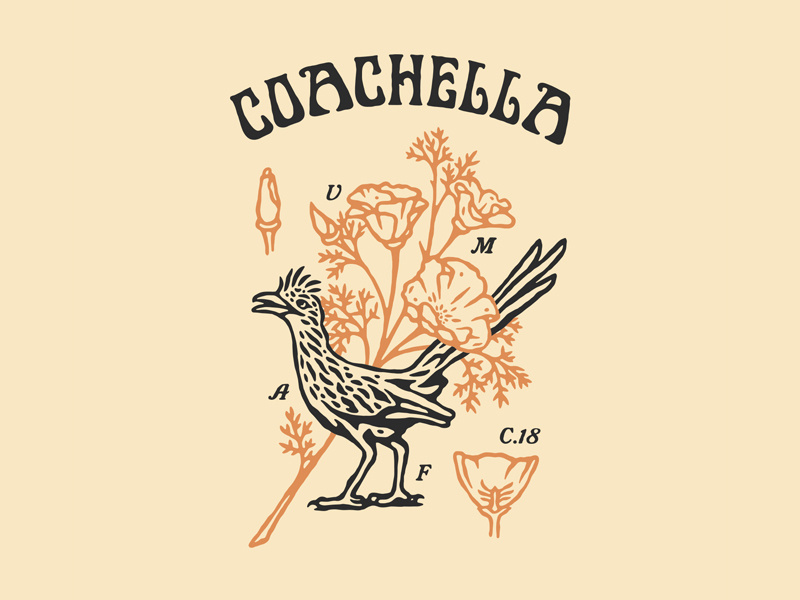 Coachella 2018 botanical coachella music festival bird art flower plant roadrunner illustration vector