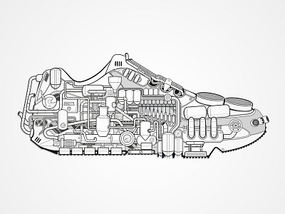 Ergonomics automated black and white illustration industrial pipes shoe vector