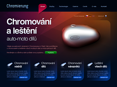 Chromierung website design – 1. version 2d 3d blue car chrome dark design fuel homepage menu orange tank typography violet web webdesign website
