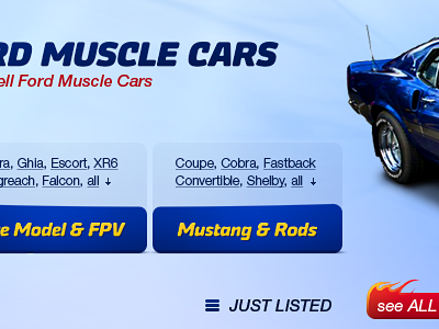 Ford Muscle Cars website design – detail 2d blue button car cars design detail ford homepage menu muscle mustang red typography web webdesign website yellow