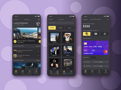 Podcast App app design black theme clean ui dark theme ios app design mobile app music podcast podcast streaming simple clean interface subscription ui ux