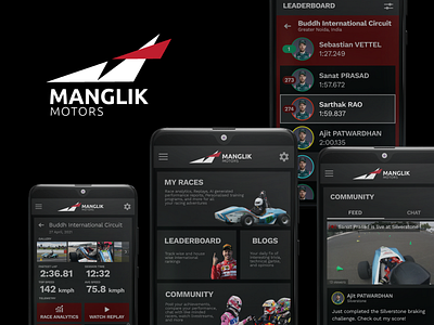 Manglik Motors — Logo and app design app branding car logo community feed design flat logo leaderboard logo mobile motors racing screens statistics ui ux
