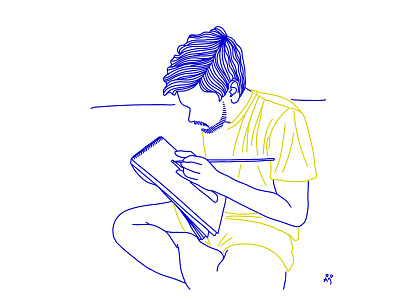 Boy doodling in his sparetime - Portrait illustrated in Line Art