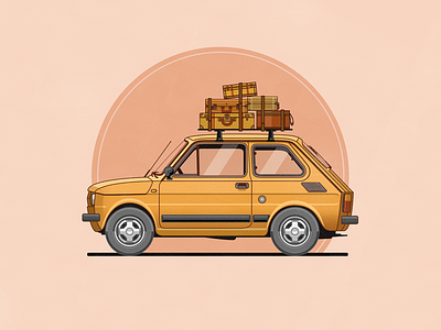 Fiat 126 car flat illustration luggage vector yellow