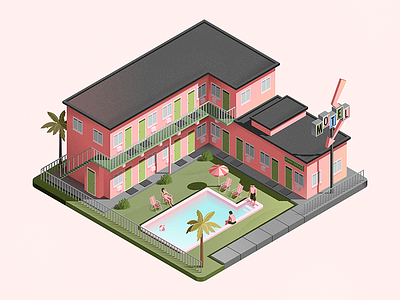 Flamingo Motel architecture building illustration isometric motel pink vector