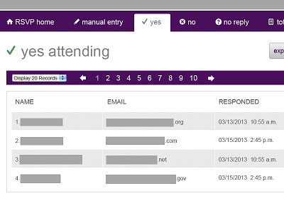 RSVP admin interface interface design web design