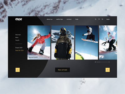 Dope black brand clothing brand concept ecommerce fashion figma interface landing design layout minimalism online shop snowboard snowboarding sport typography uiux web website