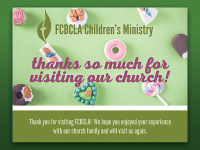 FCBCLA | Children's Ministry New Visitor Postcard children children ministry church church design graphic design kids kids ministry print print design