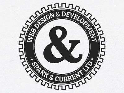 Spark & Current Stamp ampersand baskerville black gears gold logo stamp