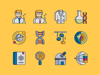 Science Icons astronomy bioengineering biology colored line dna earth sciences erlenmeyer flask forensics icons laboratory laboratory coat observatory optics physics science science journal scientist