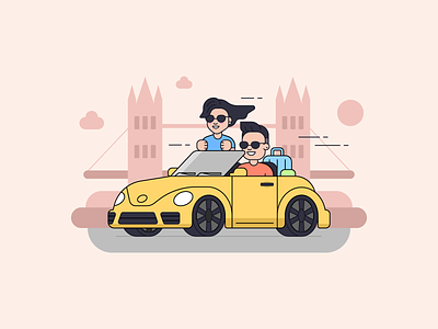 Fun Road Trip character character design convertible car flat design illustration london tower bridge