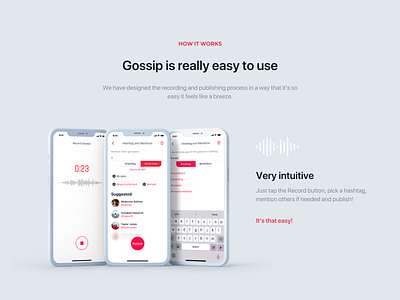 Gossip - Voice Social Media App app app screens application design graphic graphic design ios key visual media mobile mobile app player record recording social sound ui ux voice