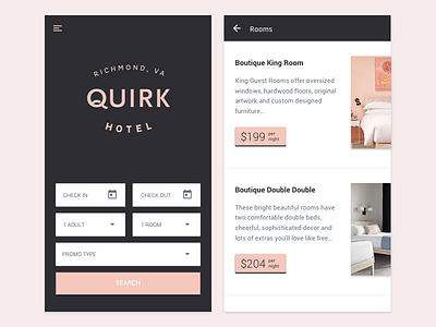 Daily UI, Day #7: Hotel hotel material design pink quirk hotel travel ui