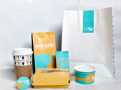 Cafe Bella Packaging blue branding cafe cafe bella coffee cup design food orange packaging pattern soup