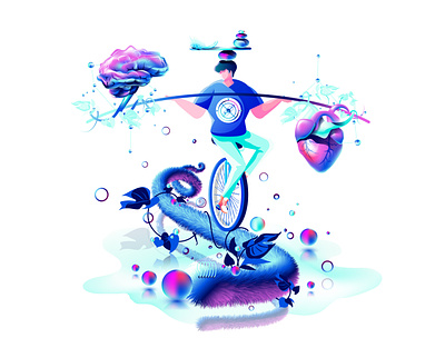 Inner balance harmony between heart and mind vector illustration acrobat balancer character contortionist distortionist emotions equilibrist equilibrium feelings harmony heart illustration logic mind unicycle vector