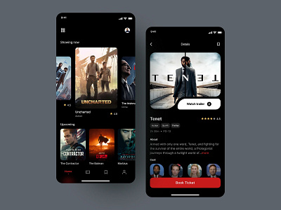 Cinema Booking App app booking booking app cinema cinema app dark app design film interface minimalist mobile mobile ui movie movie app movie cinema ticket ticket booking ui ui ux ux