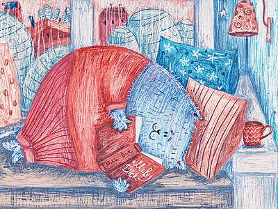 A smart cat's homely evening book cat character coffee cute home illustration sweet