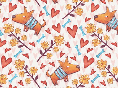 Time to Love. Seamless Pattern - 1 animals birthday cartoon character dog heart illustration kids love lovers valentine valentines day
