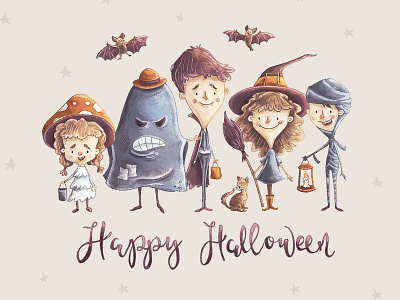 Kids Halloween Characters cards character childrens illustration costume dracula greeting card halloween halloween party illustration kids mummy witch