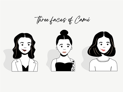 Three faces of Cami adobe illustrator avatar avatar design black and white cartoon cartoon avatar cartoons design illustration portrait self portrait vector