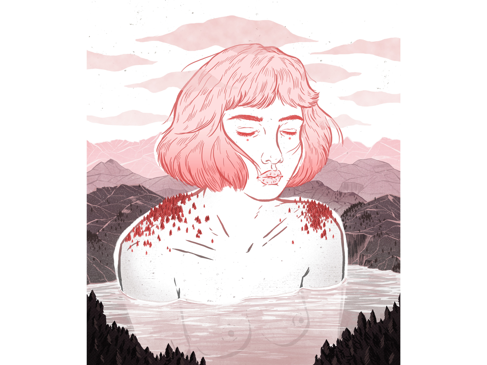 April: Who Had Her Head in the Clouds character clouds girl illustration illustration art meditation naked nude photoshop pink