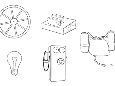 Inventions WIP beer hat illustration inventions letterpress lightbulb phone wheel