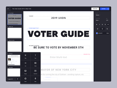 Voter Guide Builder constructor create dark dark theme dashboard editor editorial editorial art product product design ux uxdn visual builder visual editor vote voting wysiwyg