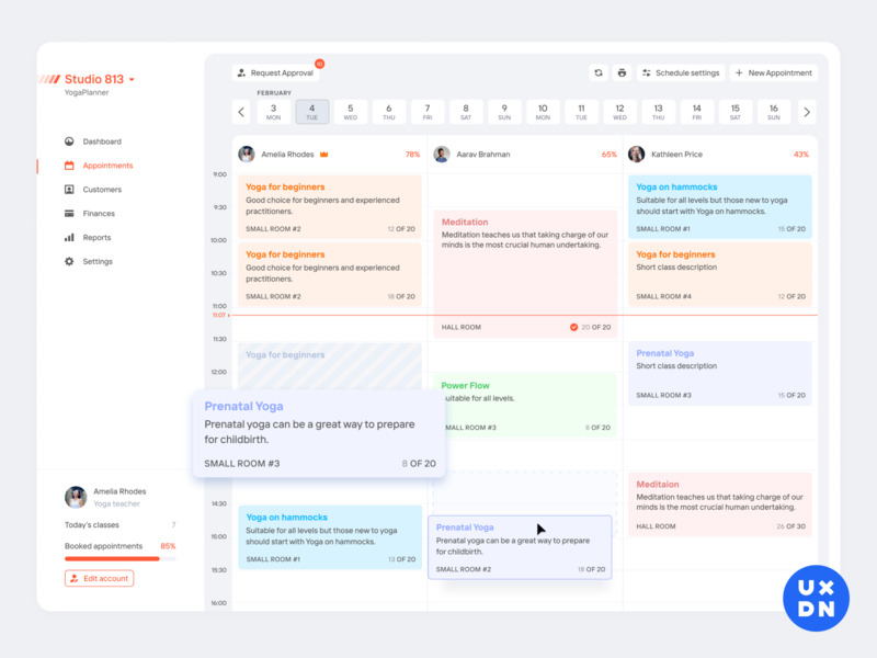 Calendar view for YogaPlanner booking booking app booking system bookings calendar calendar app calendar design calendar ui calender complex crm crm dashboard crm portal crm software dashboad dashboard ui erp planner product design yoga