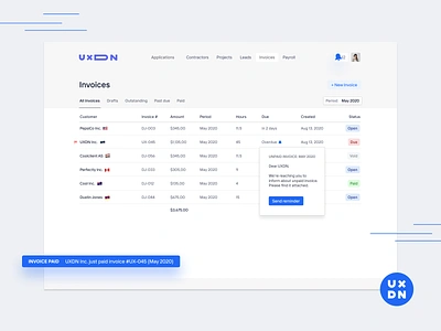 Invoices for UXDN complex crm finance finance app finances financial financial app invoice invoice design invoice funding invoice template invoices product design ux uxdn