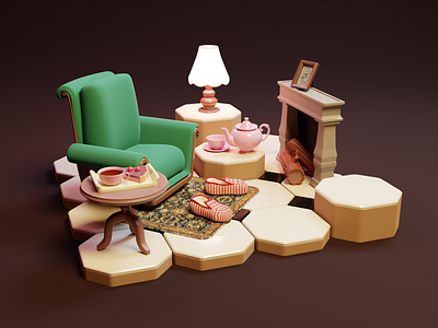 Tea time at grandma's 3d blender illustration lowpoly