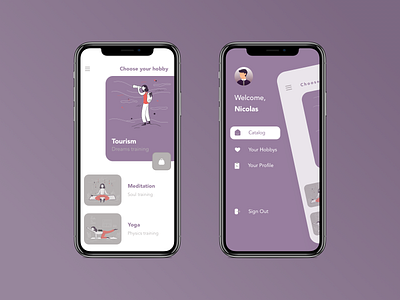 Hobbies App app catalog clean design clear design design hobby market meditation menu menubar minimalism mobile app payment profile purple soul tourism ux white yoga