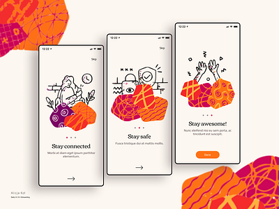 Daily UI #23: Onboarding colorful dailyui dailyuichallenge day 23 flat design hi fi intro minimalist mobile app mockup template onboarding screens orange pink prototype purple simple clean interface typography usable user experience design vibrant colors